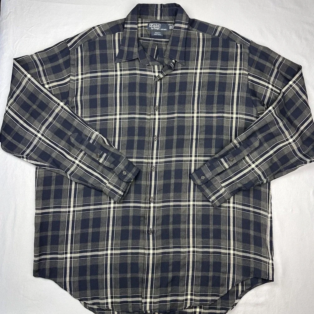 Vintage Polo Ralph Lauren Shirt‎ Men XL Blue Plaid Wool Pratt Button Up Heritage
